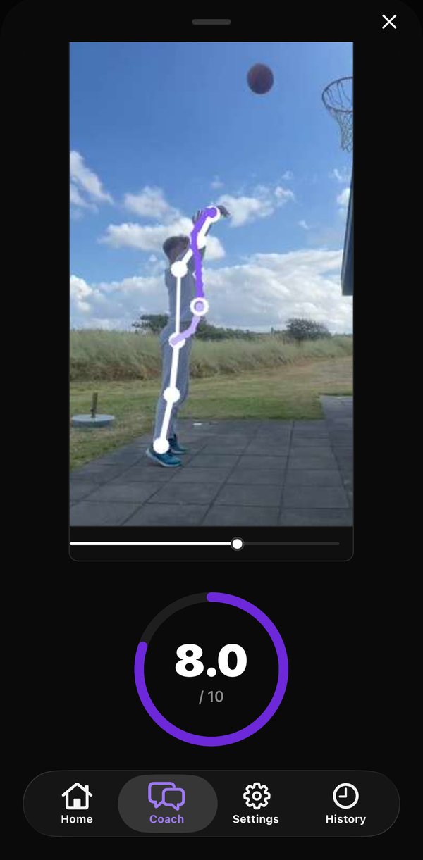 HoopArea replaying a jumpshot with the body tracked joint by joint, scored 8.0 out of 10